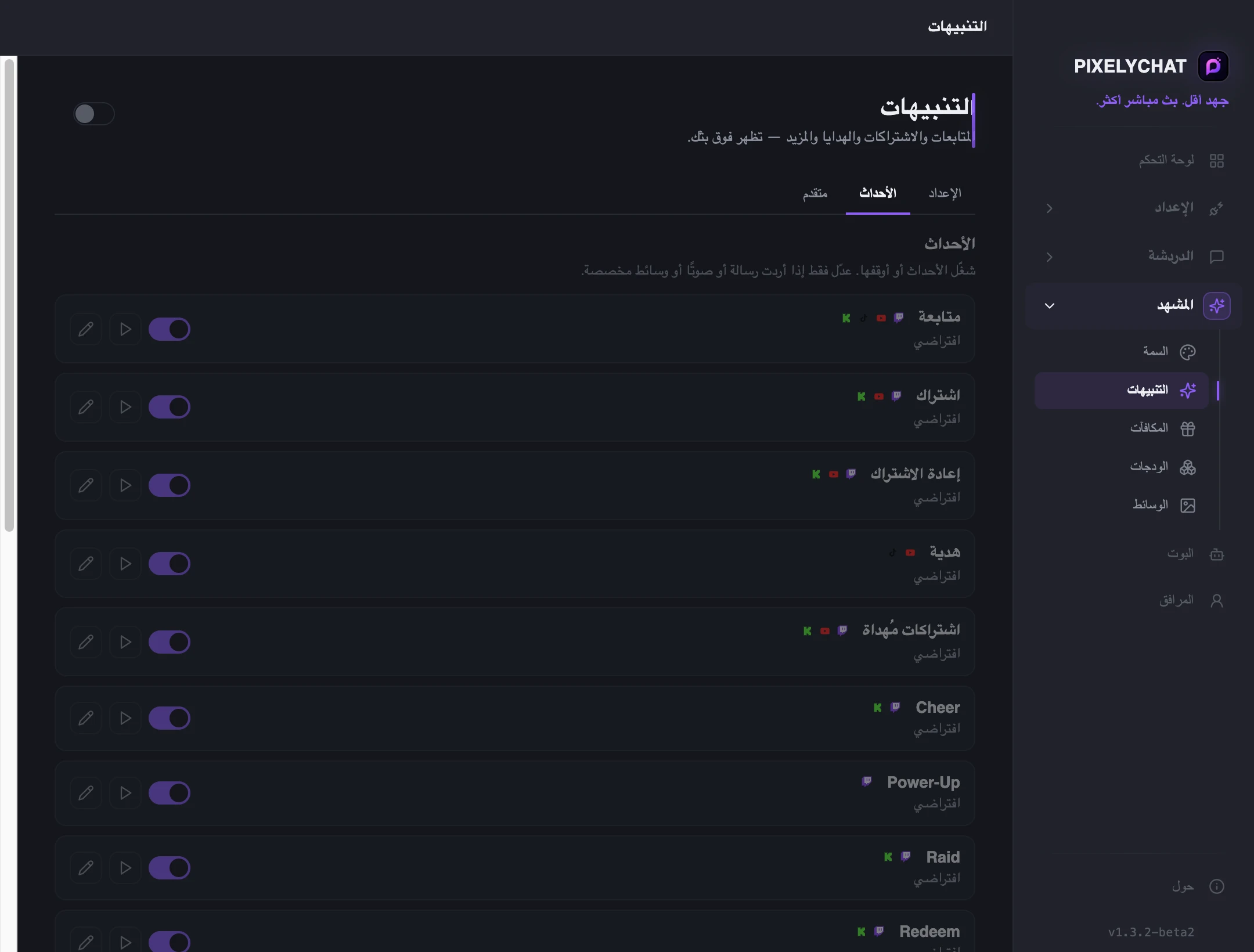 قائمة أحداث التنبيه