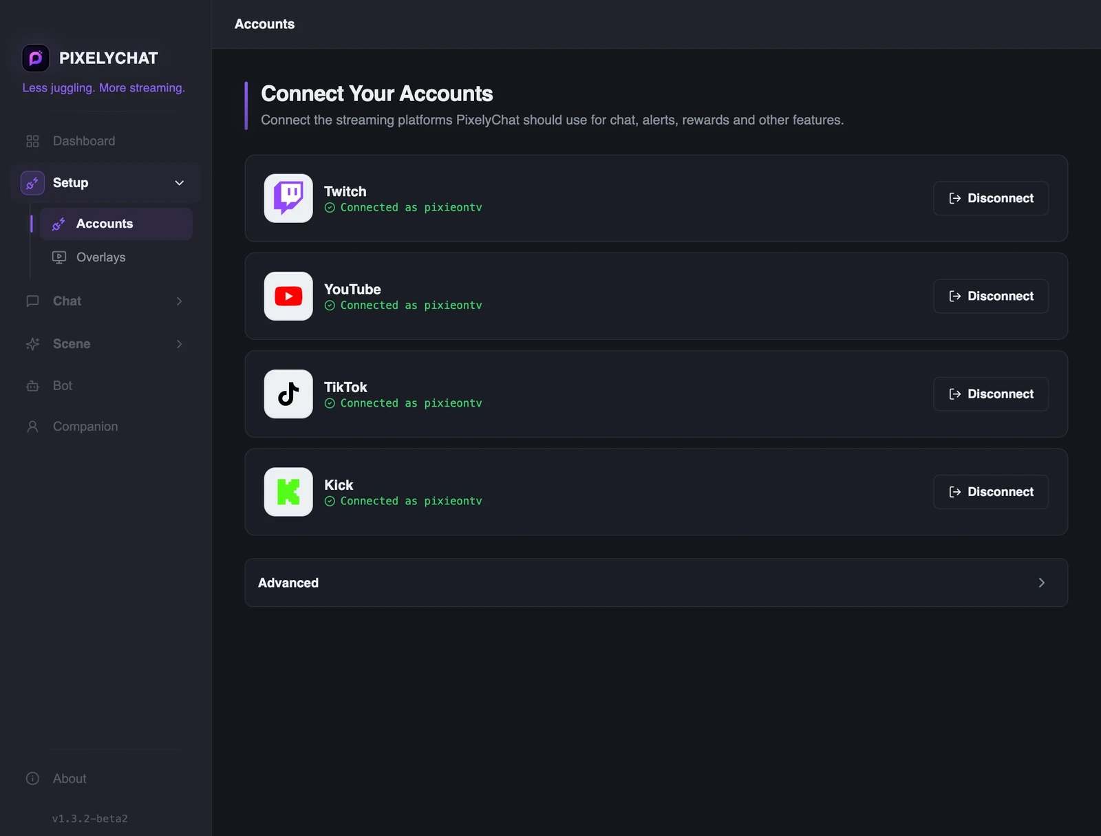 Connect the platforms you actually stream on