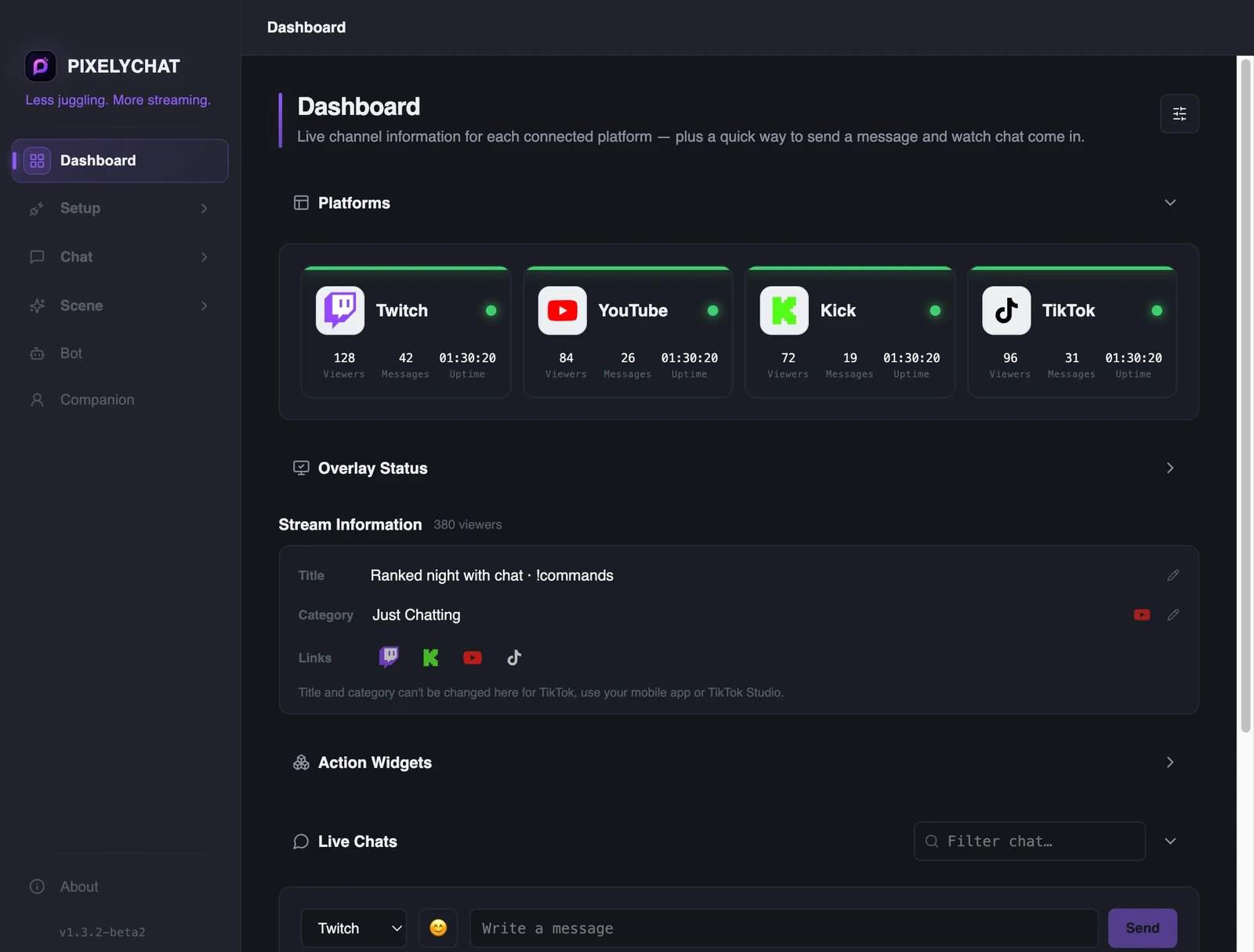 PixelyChat dashboard showing connected platforms and unified chat