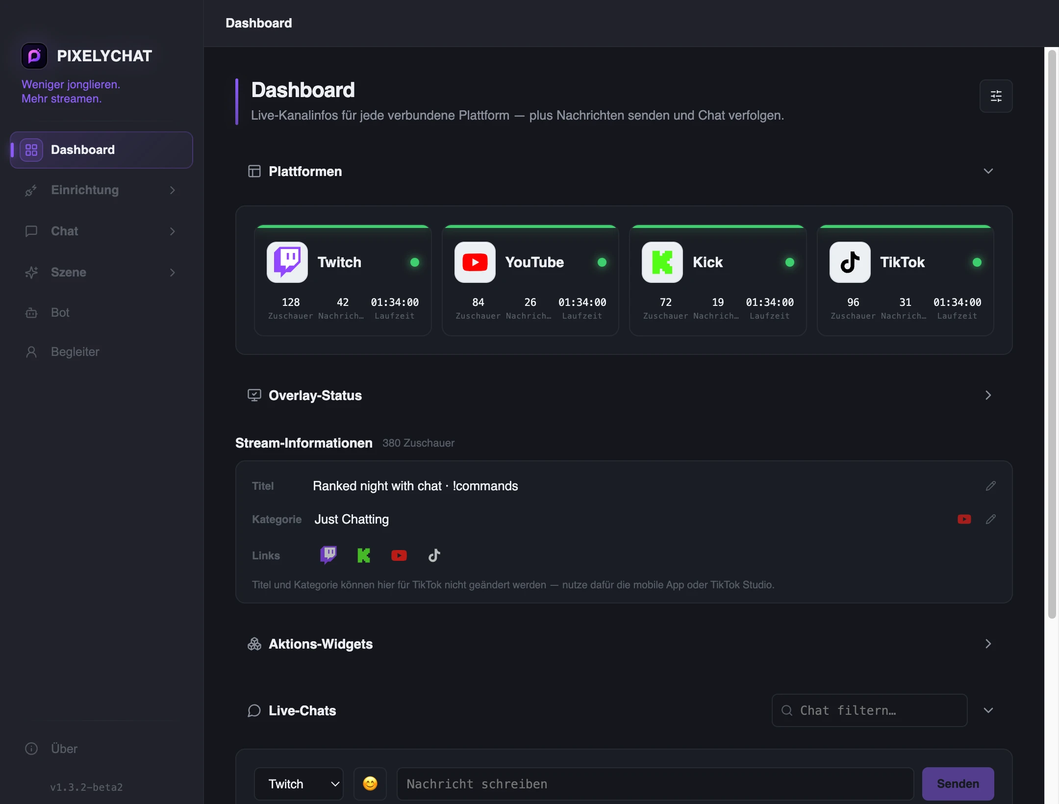 PixelyChat-Dashboard mit verbundenen Plattformen und vereintem Chat