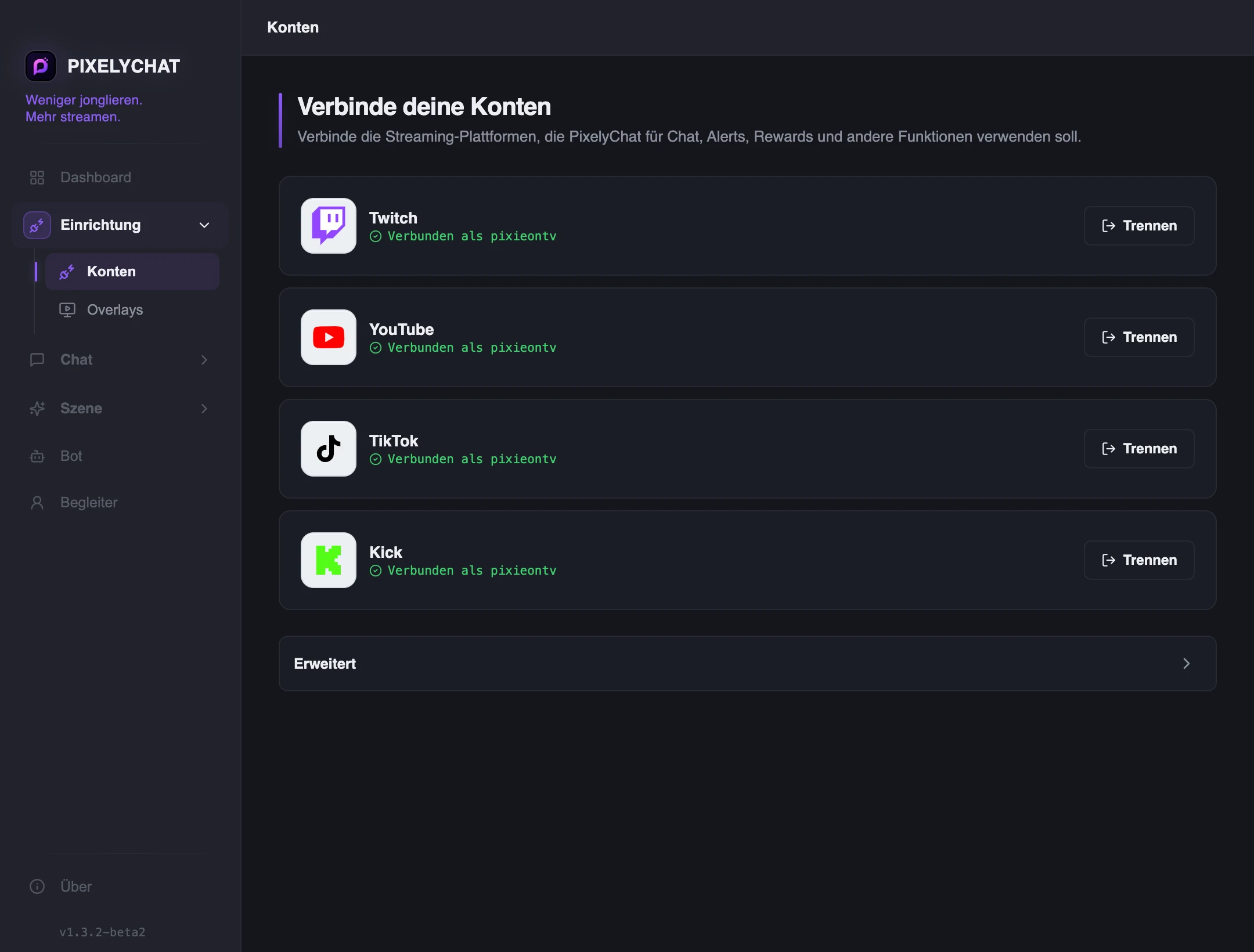PixelyChat-Konten-Seite mit Twitch-, YouTube-, Kick- und TikTok-Verbindungen