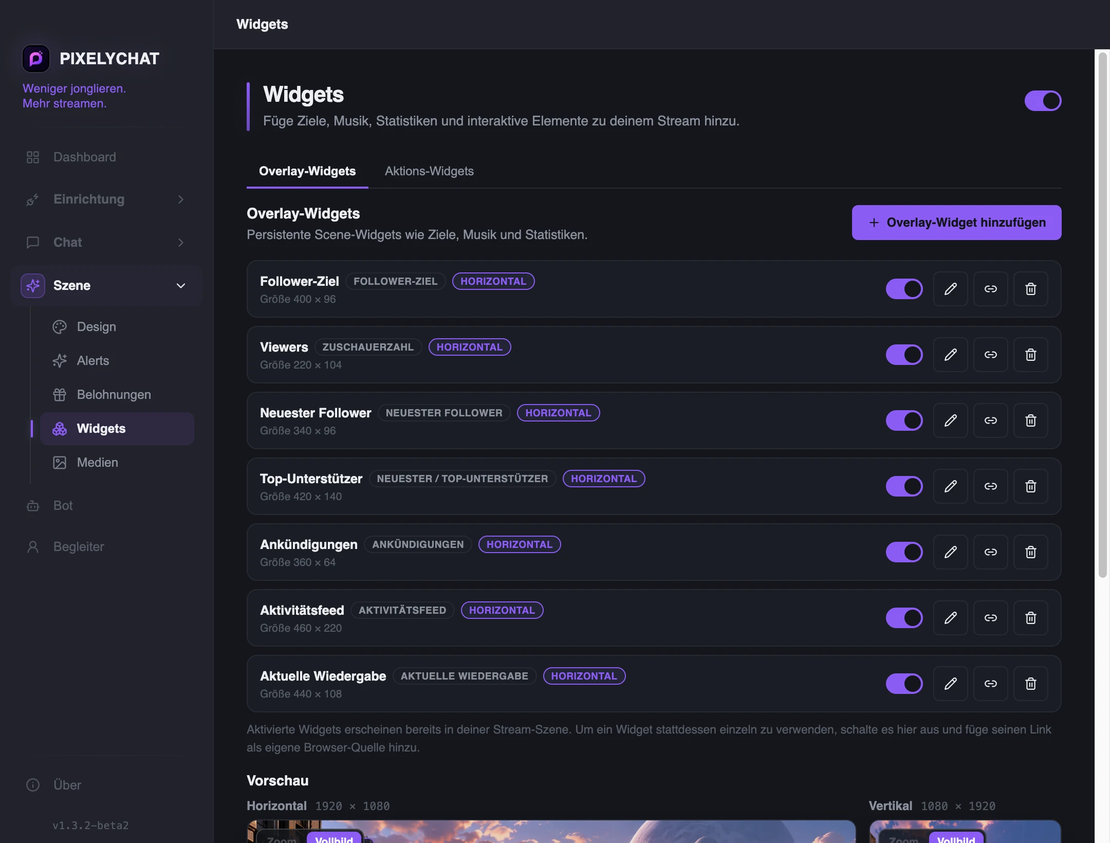 Liste der Overlay-Widgets