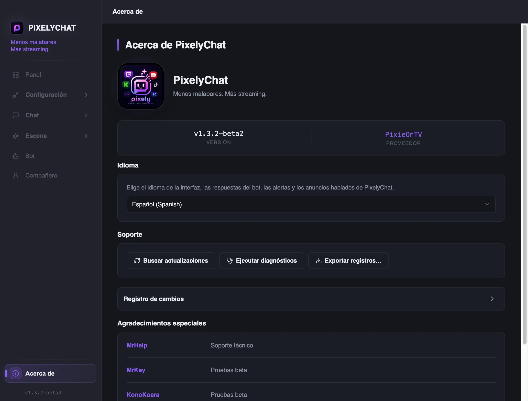 Página Acerca de de PixelyChat