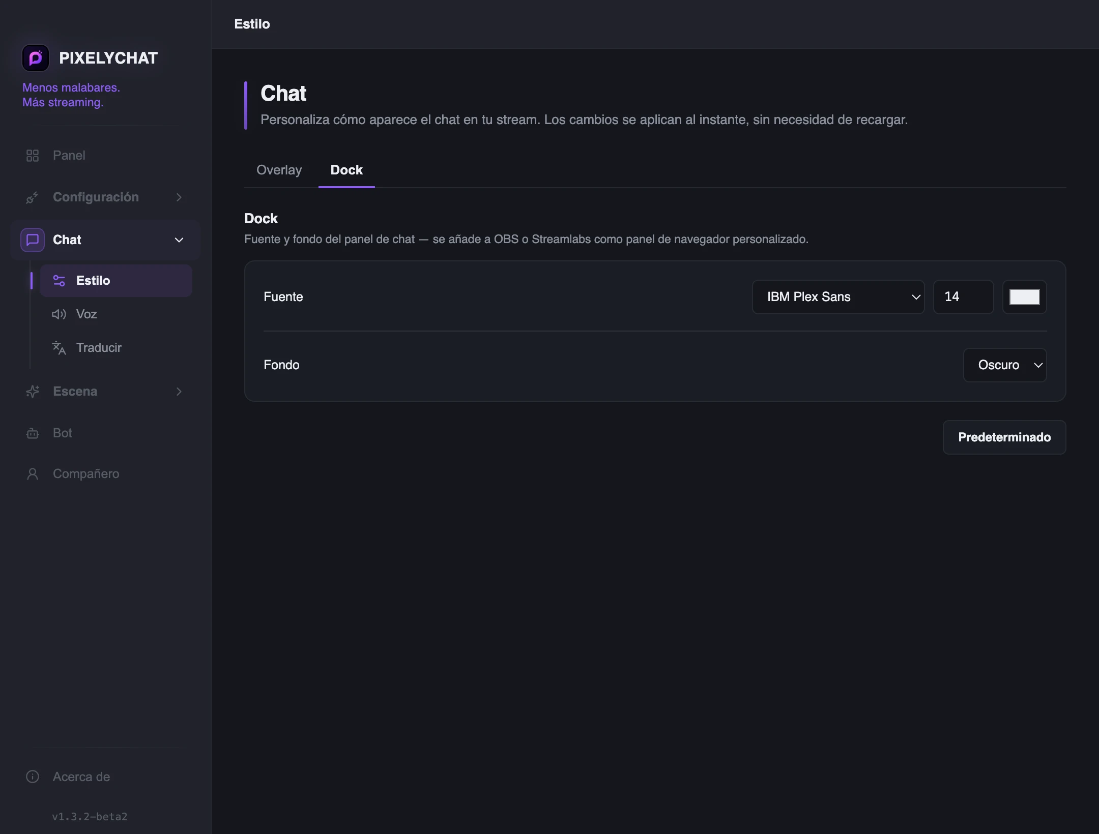 Ajustes del Dock de chat