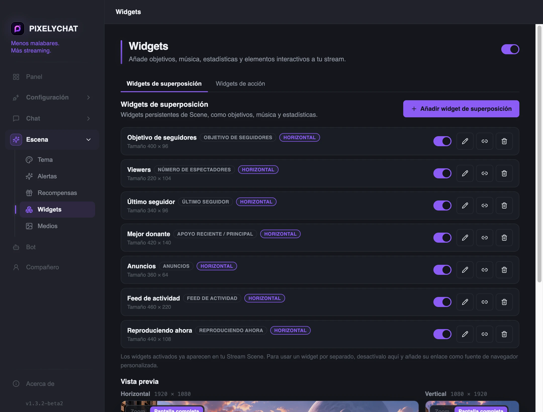 Lista de Widgets de superposición