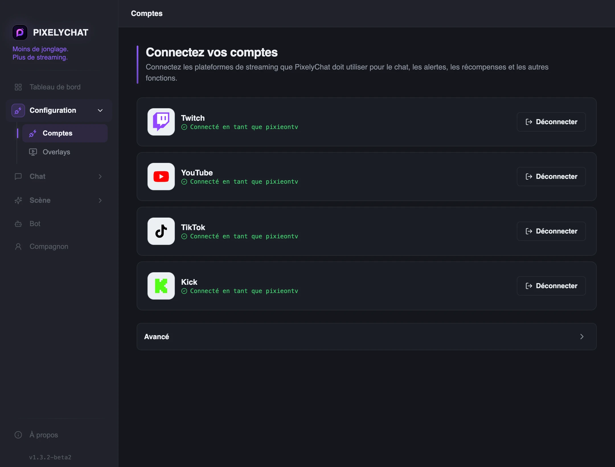 Page Comptes PixelyChat avec les connexions Twitch, YouTube, Kick et TikTok