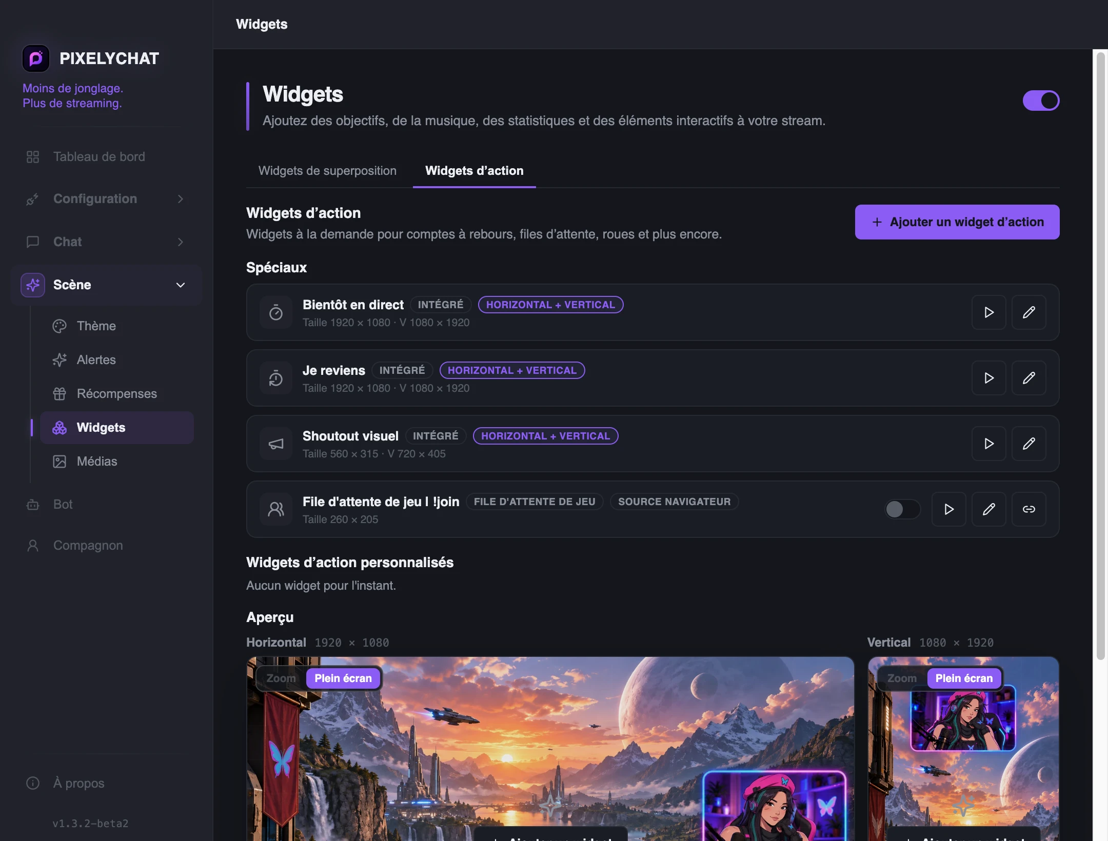 Liste des Widgets d’action