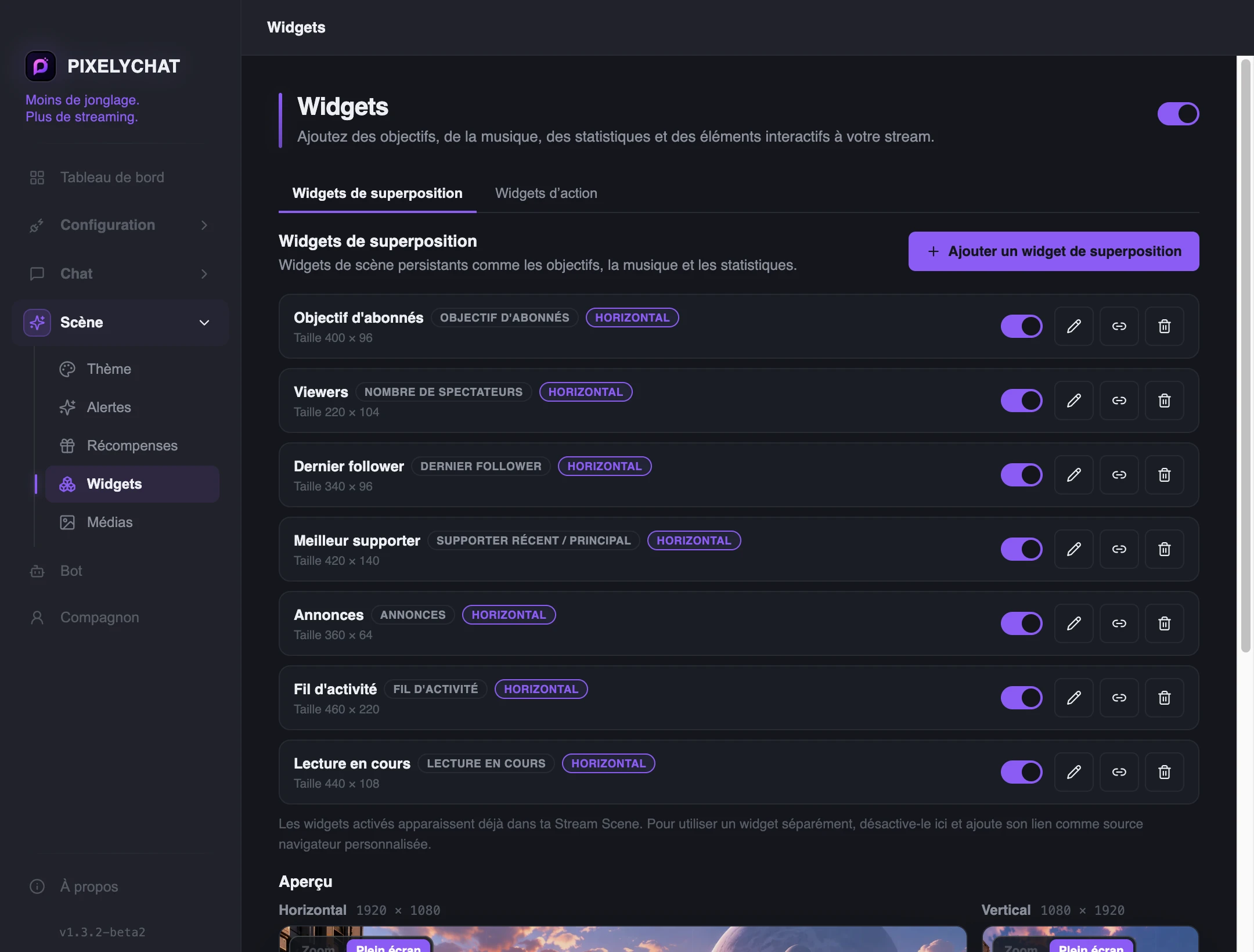 Liste des Widgets de superposition