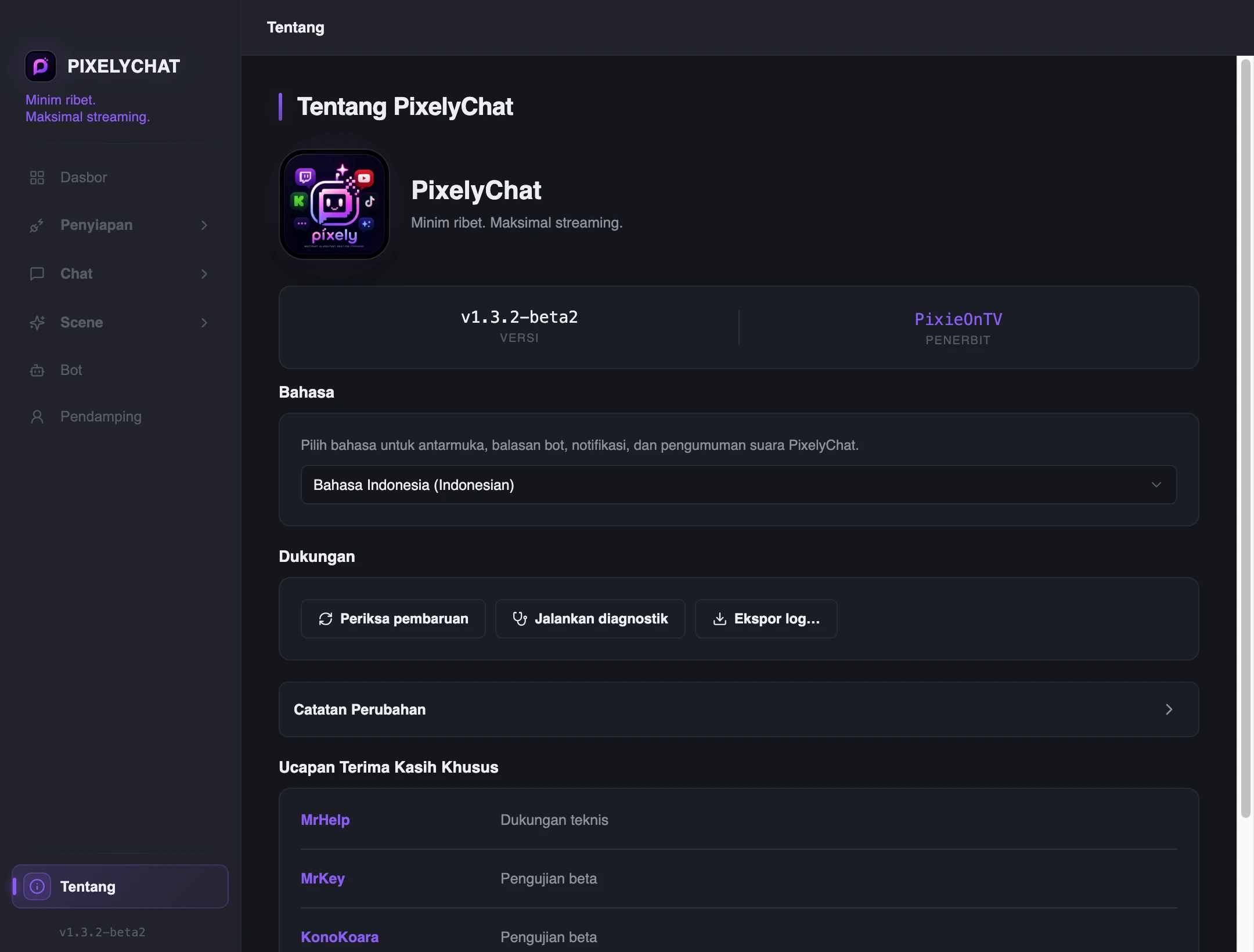 Halaman Tentang PixelyChat