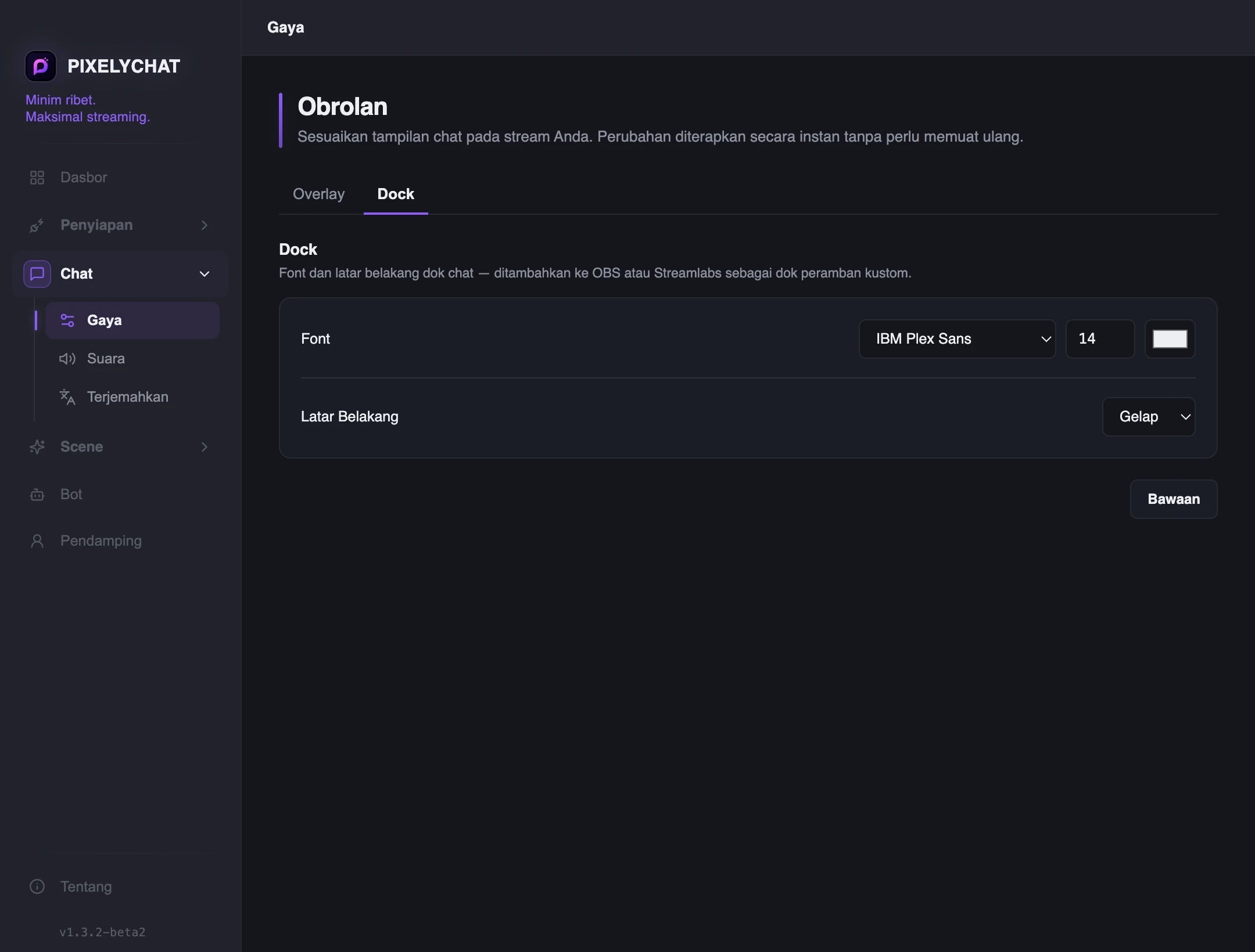 Pengaturan Chat Dock