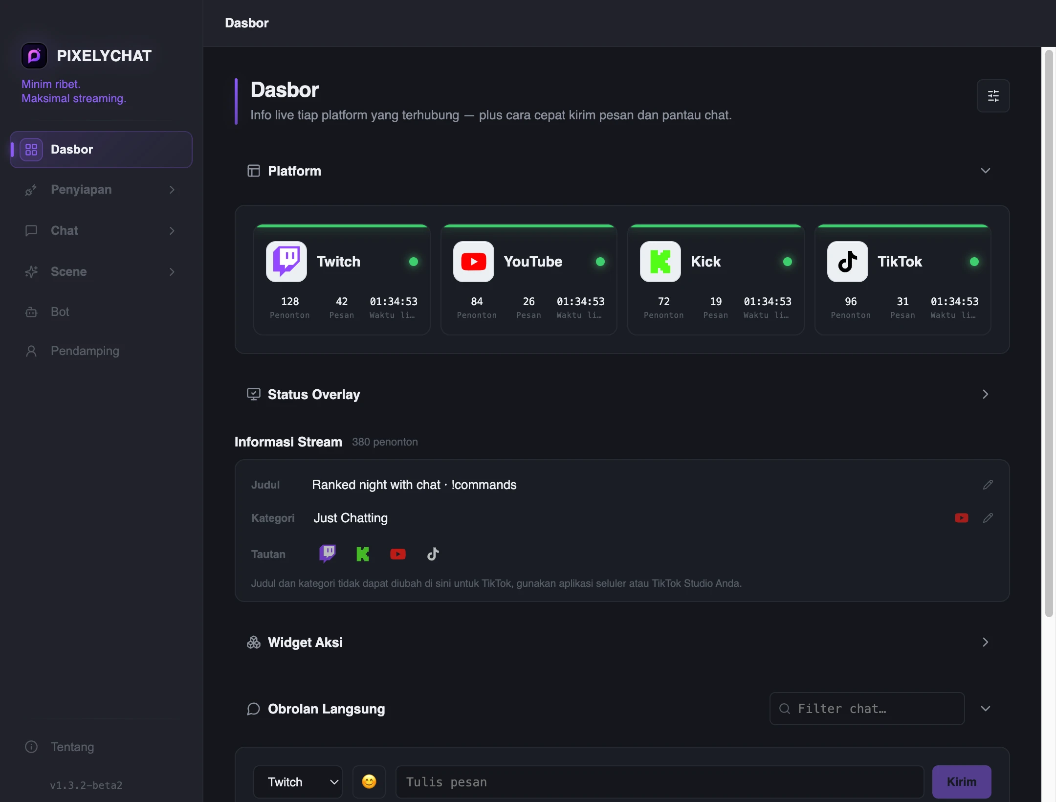 Dasbor PixelyChat yang menampilkan platform terhubung dan status overlay