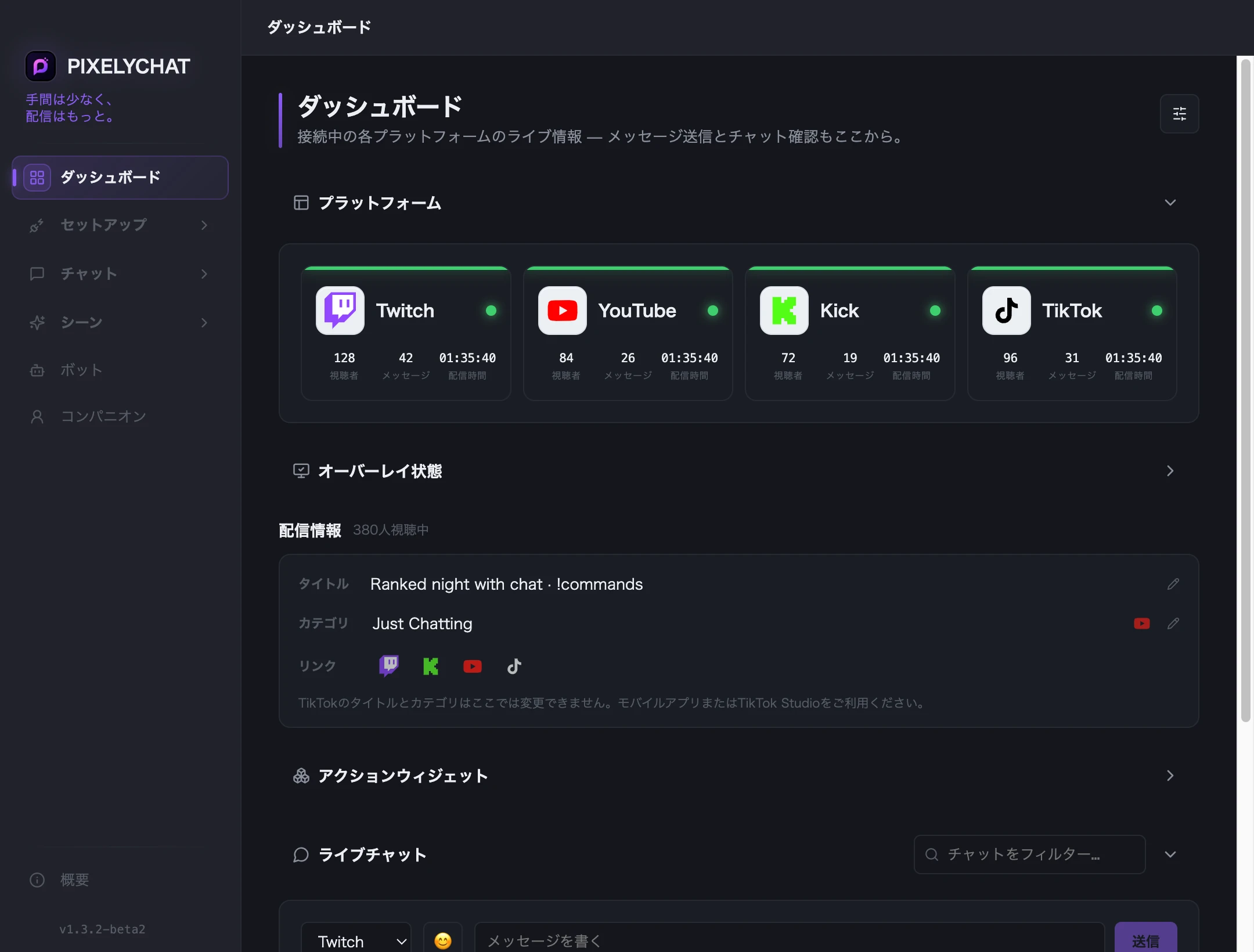 接続済みプラットフォームと統合チャットを表示するPixelyChatダッシュボード