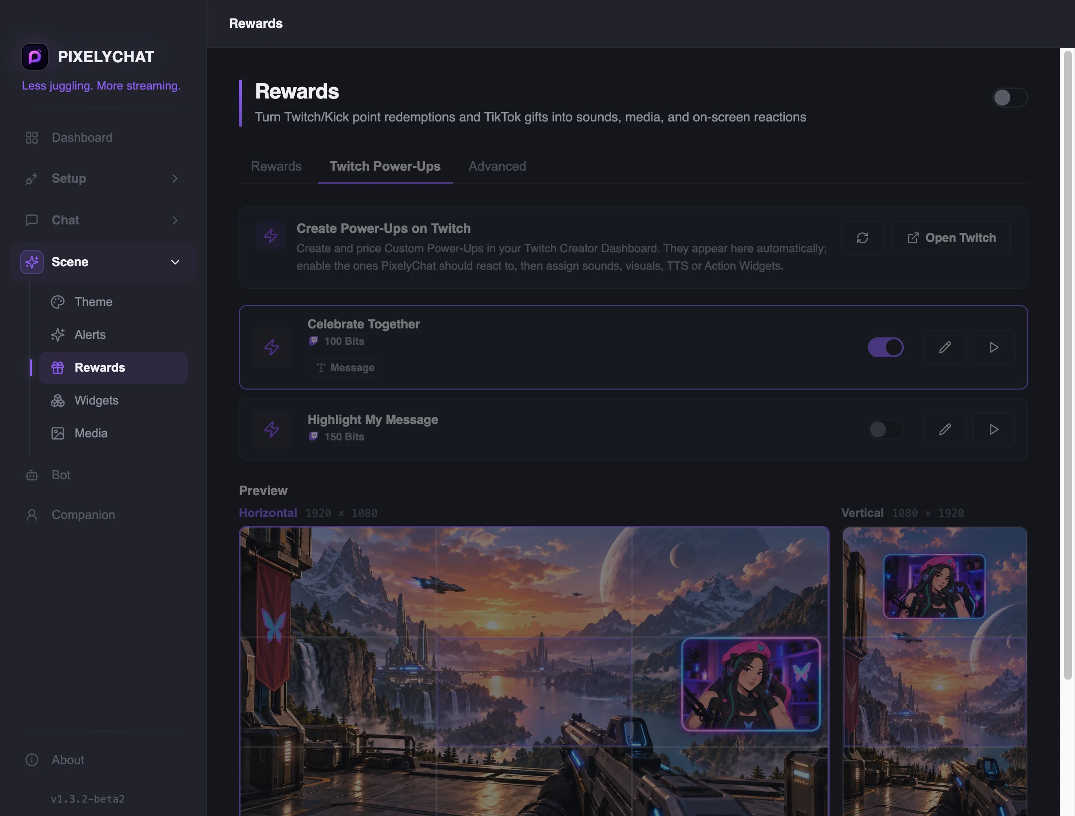 Twitch Power-Ups settings