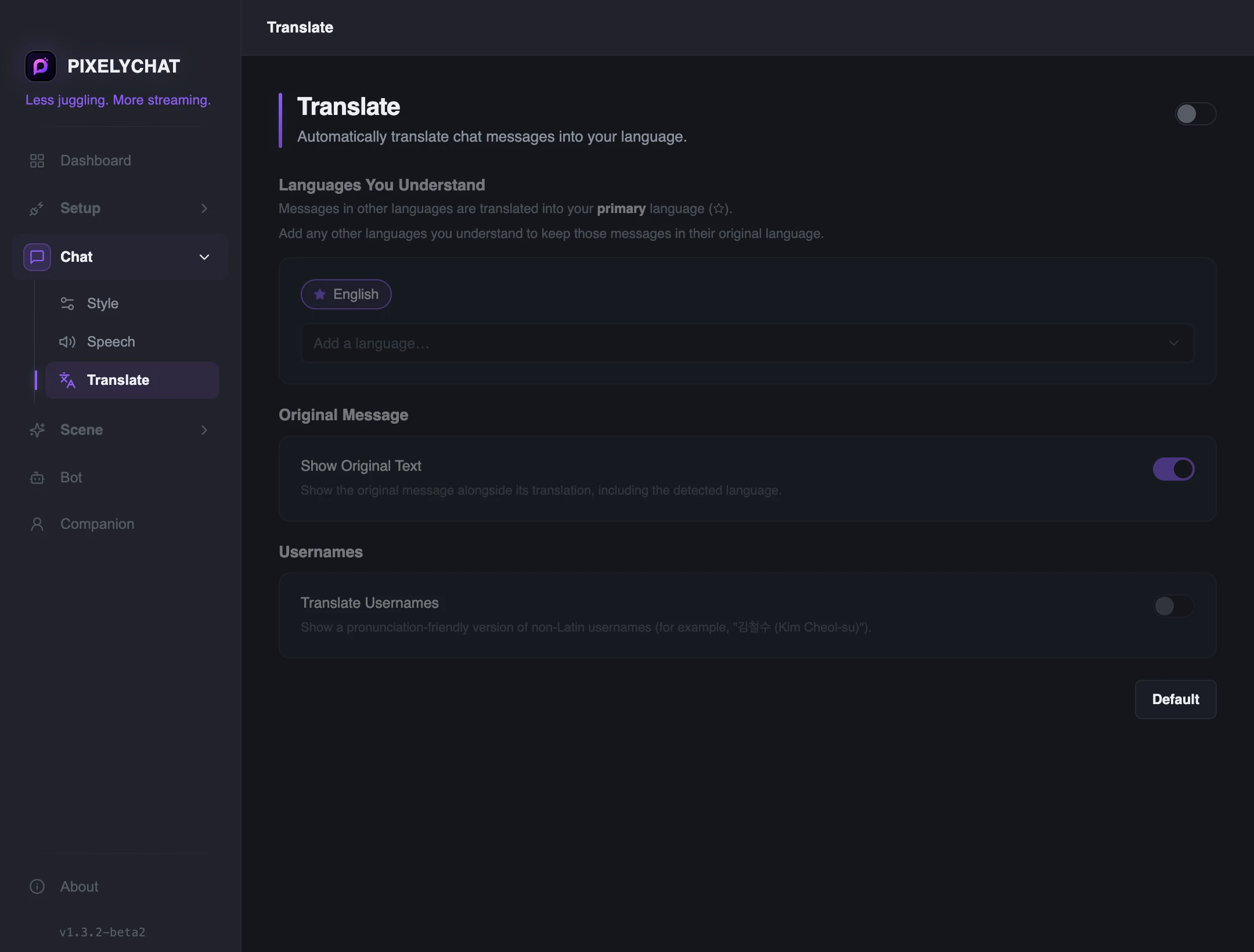 Translate settings