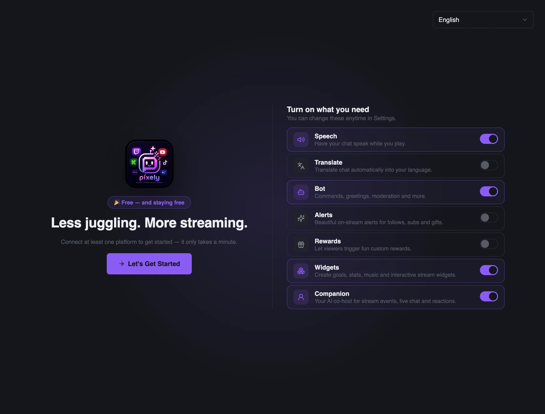 PixelyChat Welcome screen with feature toggles