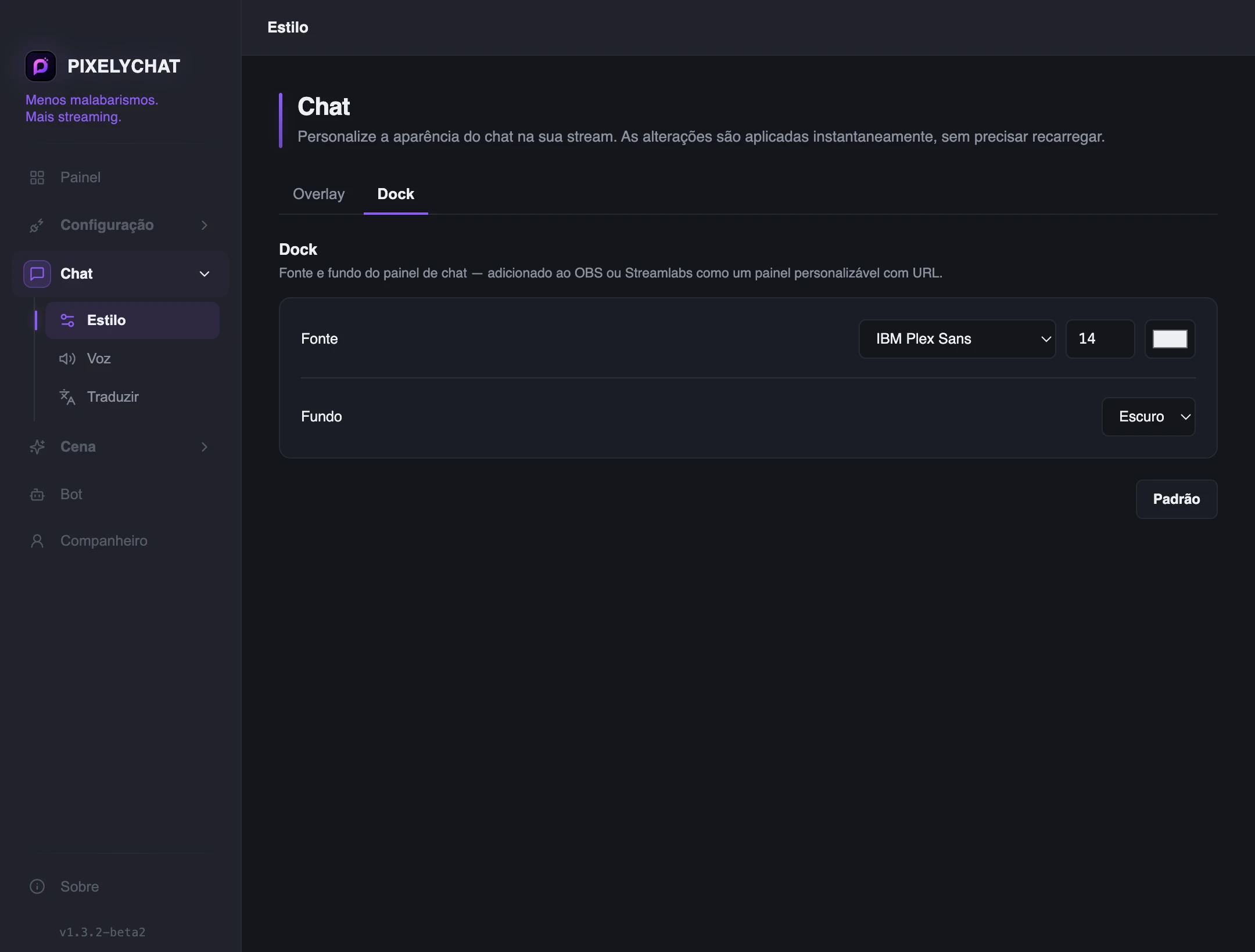 Configurações do Chat Dock