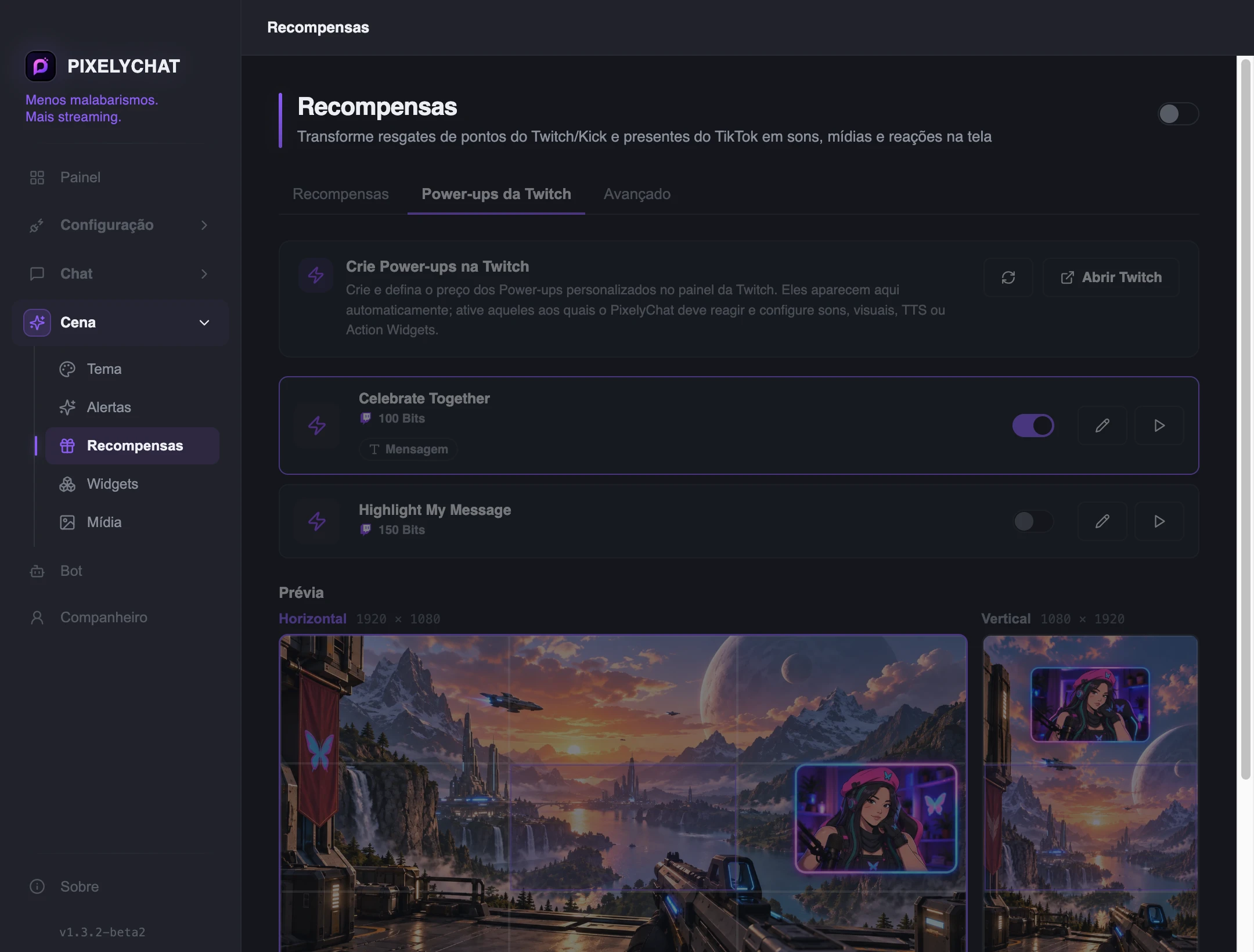 Configurações de Twitch Power-Ups