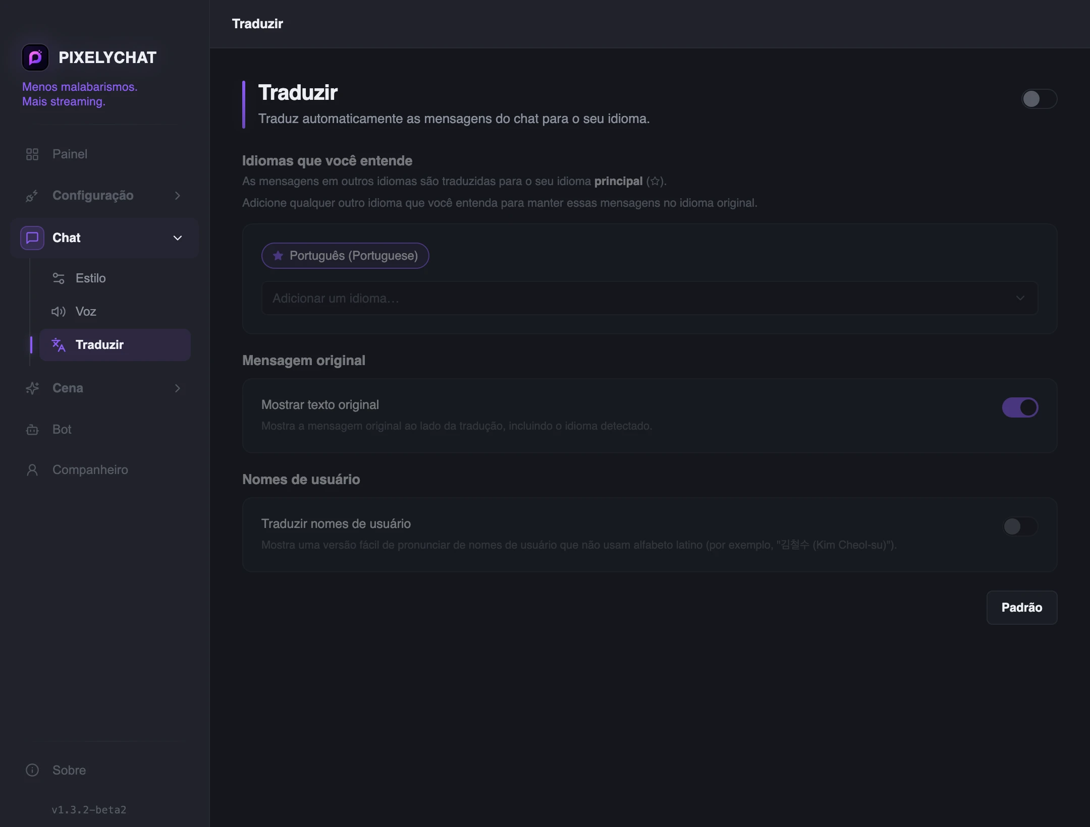 Configurações de tradução