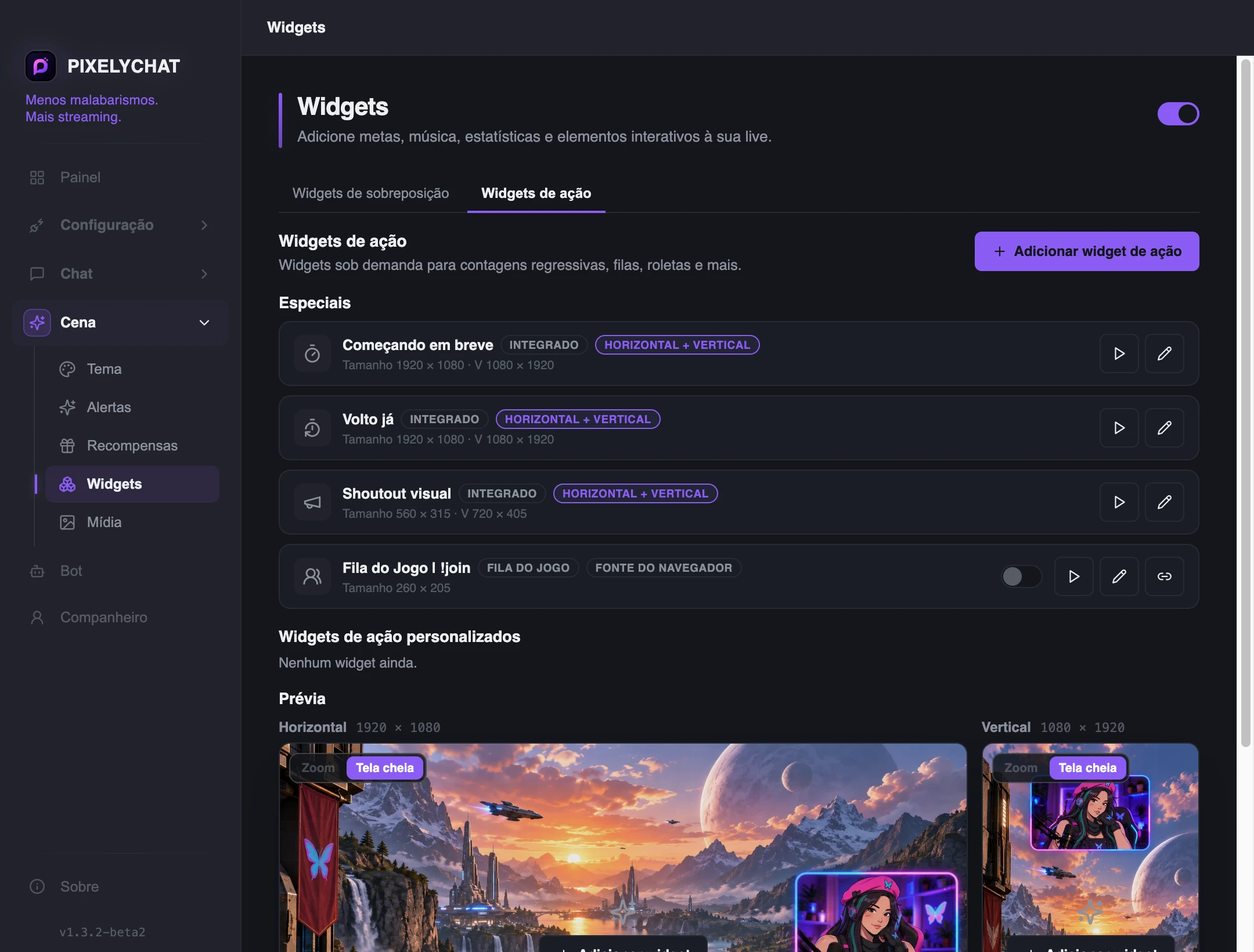Lista de Widgets de ação