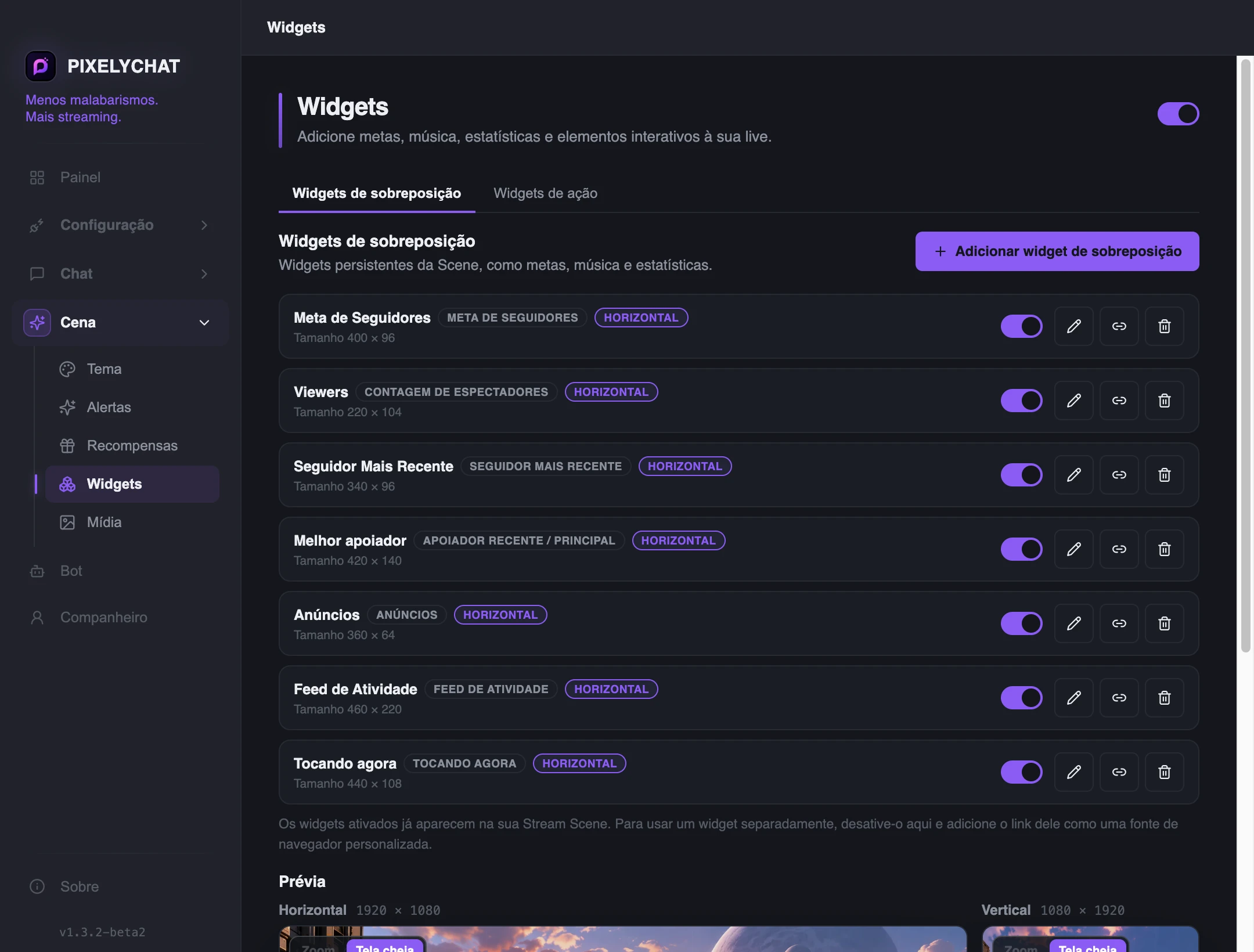 Lista de Widgets de sobreposição