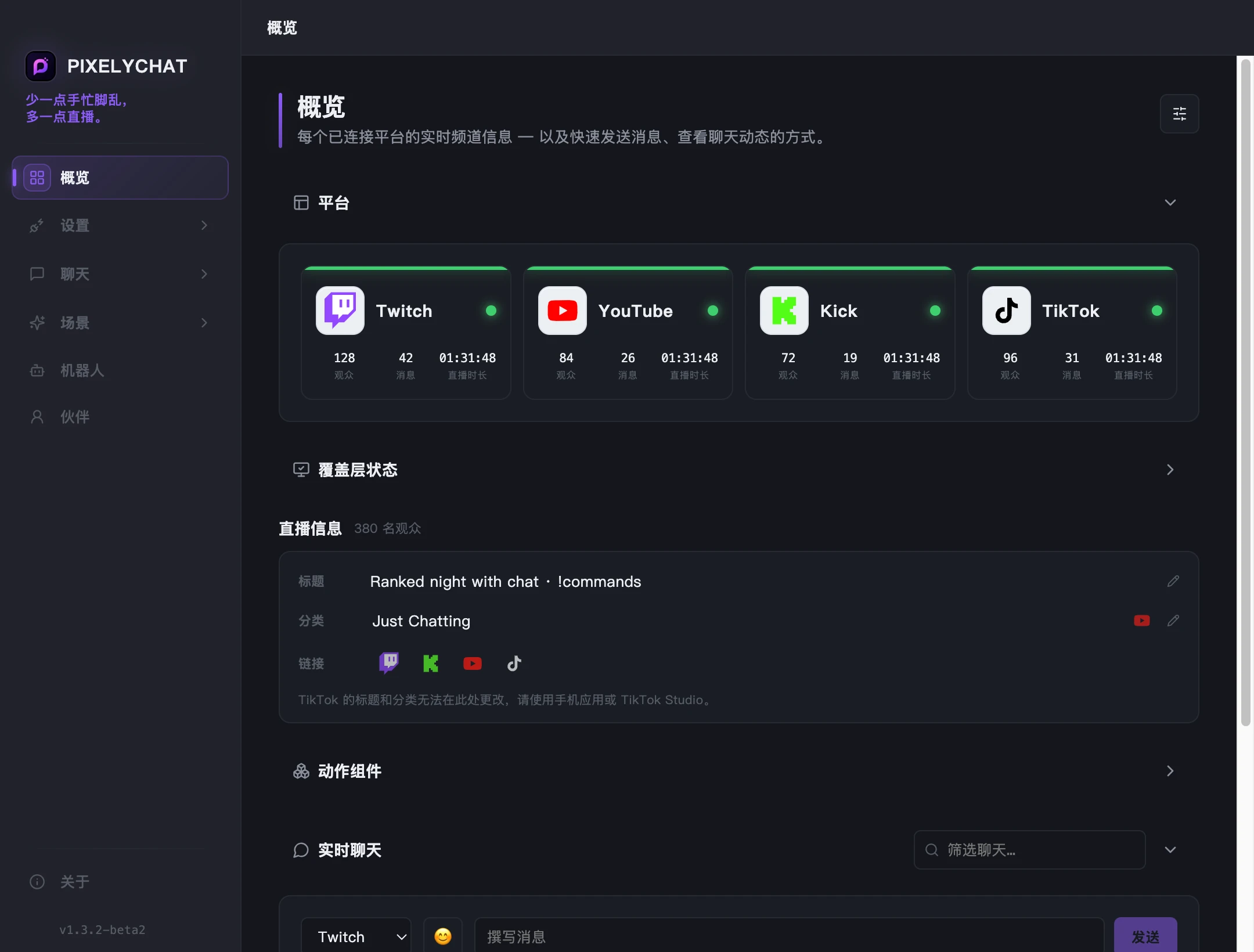 PixelyChat 概览页面,显示已连接的平台和统一聊天