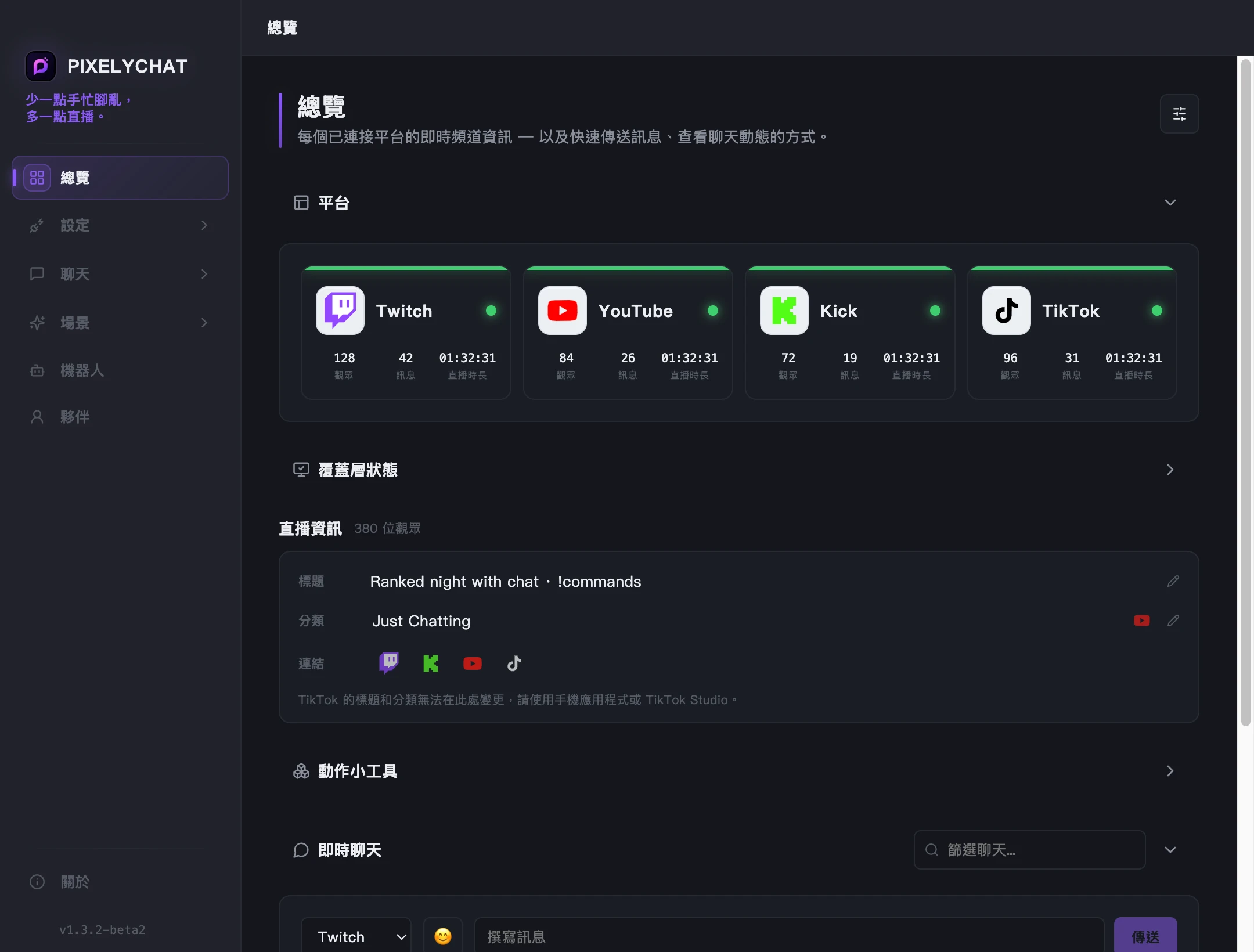 PixelyChat 總覽頁面，顯示已連接的平台和統一聊天