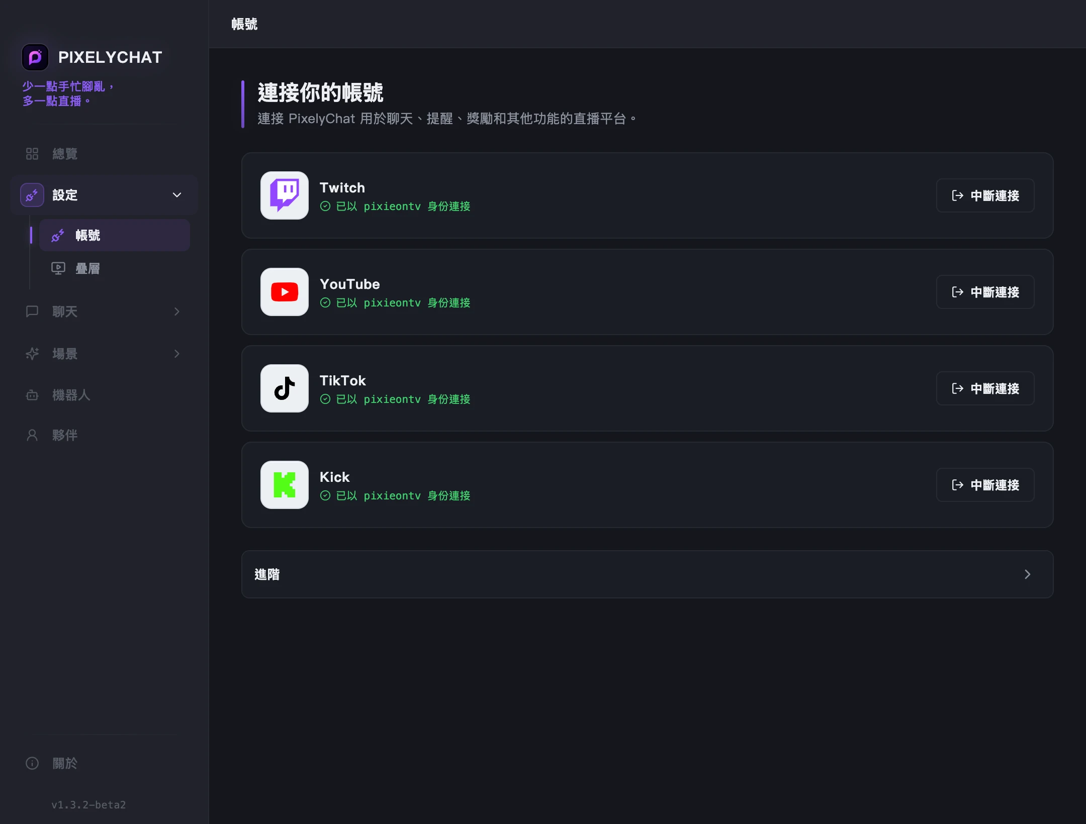PixelyChat 帳號頁面，顯示 Twitch、YouTube、Kick 和 TikTok 連接